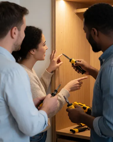 A smiling man and woman standing in a modern home interior, looking at and admiring a newly installed wooden closet with warm lighting.