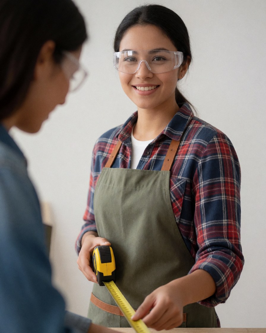 A young female carpenter wearing safety glasses and an apron smiles while holding a tape measure in a workshop with a neutral background