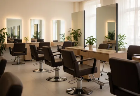 Clean and inviting hair salon interior featuring wooden floors, large mirrors, green plants, and warm lighting in a modern space
