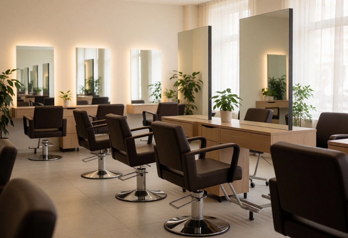 Clean and inviting hair salon interior featuring wooden floors, large mirrors, green plants, and warm lighting in a modern space