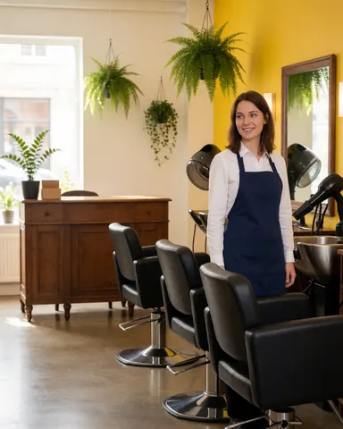 Smiling salon owner standing in a modern hair salon with chairs, dryers, mirrors, hanging plants, yellow walls, and polished floors.