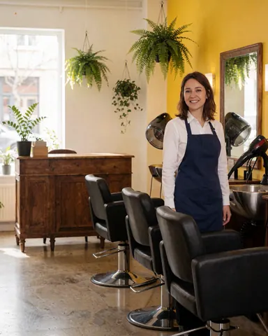 Smiling salon owner standing in a modern hair salon with chairs, dryers, mirrors, hanging plants, yellow walls, and polished floors.