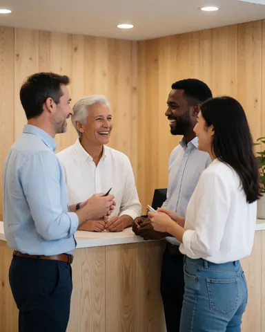 A professional business team gathers at a wooden reception desk, engaging in friendly conversation and collaboration with smiles, highlighting workplace camaraderie and successful sales agreements.