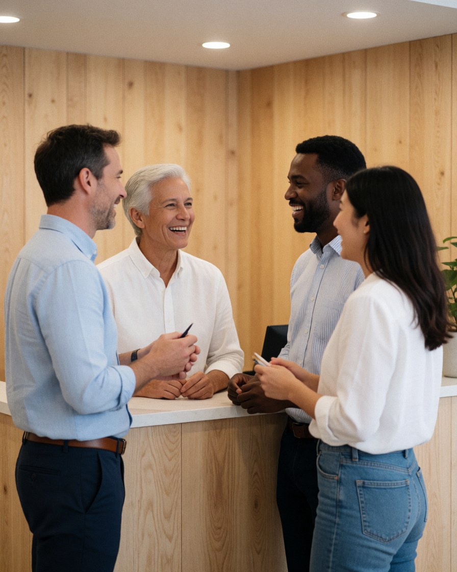 A professional business team gathers at a wooden reception desk, engaging in friendly conversation and collaboration with smiles, highlighting workplace camaraderie and successful sales agreements.