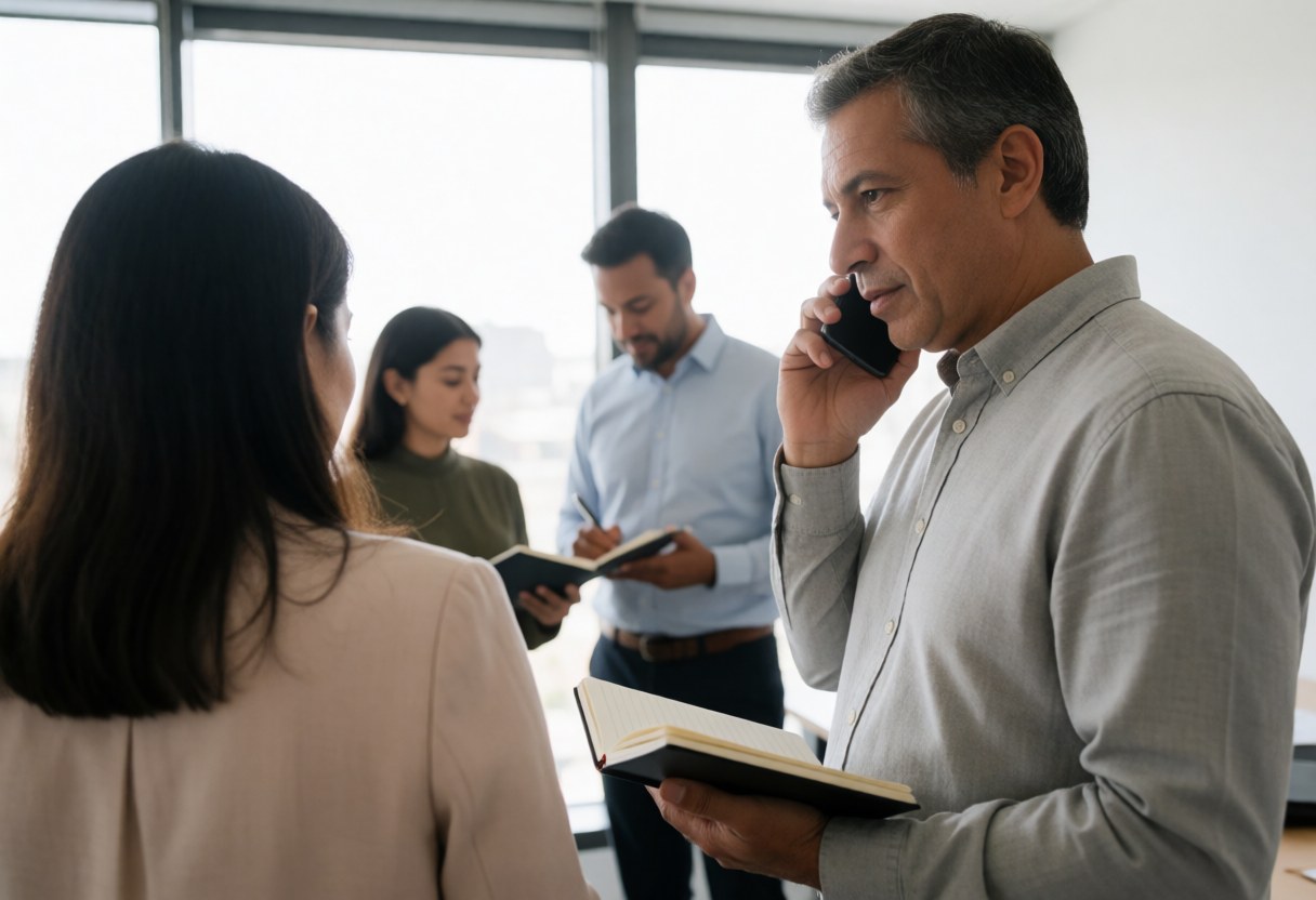 A professional business team meeting in an office with natural light, featuring a man and woman discussing work at a desk with a phone and notebook.
