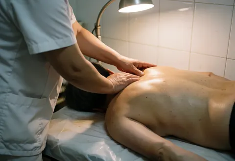 A therapist uses warm lighting to perform a back massage on a patient lying on a bed with white tiled walls.