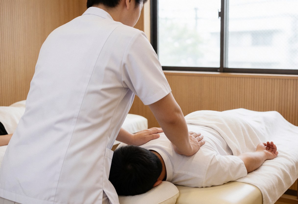 A chiropractor uses their hands to perform a professional spinal adjustment on a patient lying face down on a treatment table in a clean clinic.