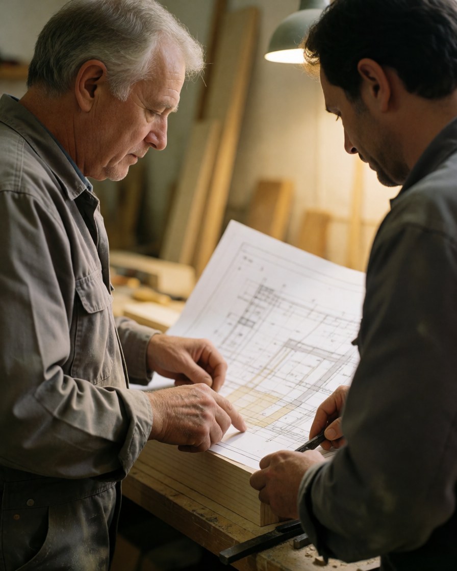 Two carpenters in a workshop reviewing a wooden blueprint, with tools and warm light, working as a team with focused expressions.