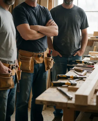 A group of professional carpenters collaborating on a woodworking project in a well-equipped workshop