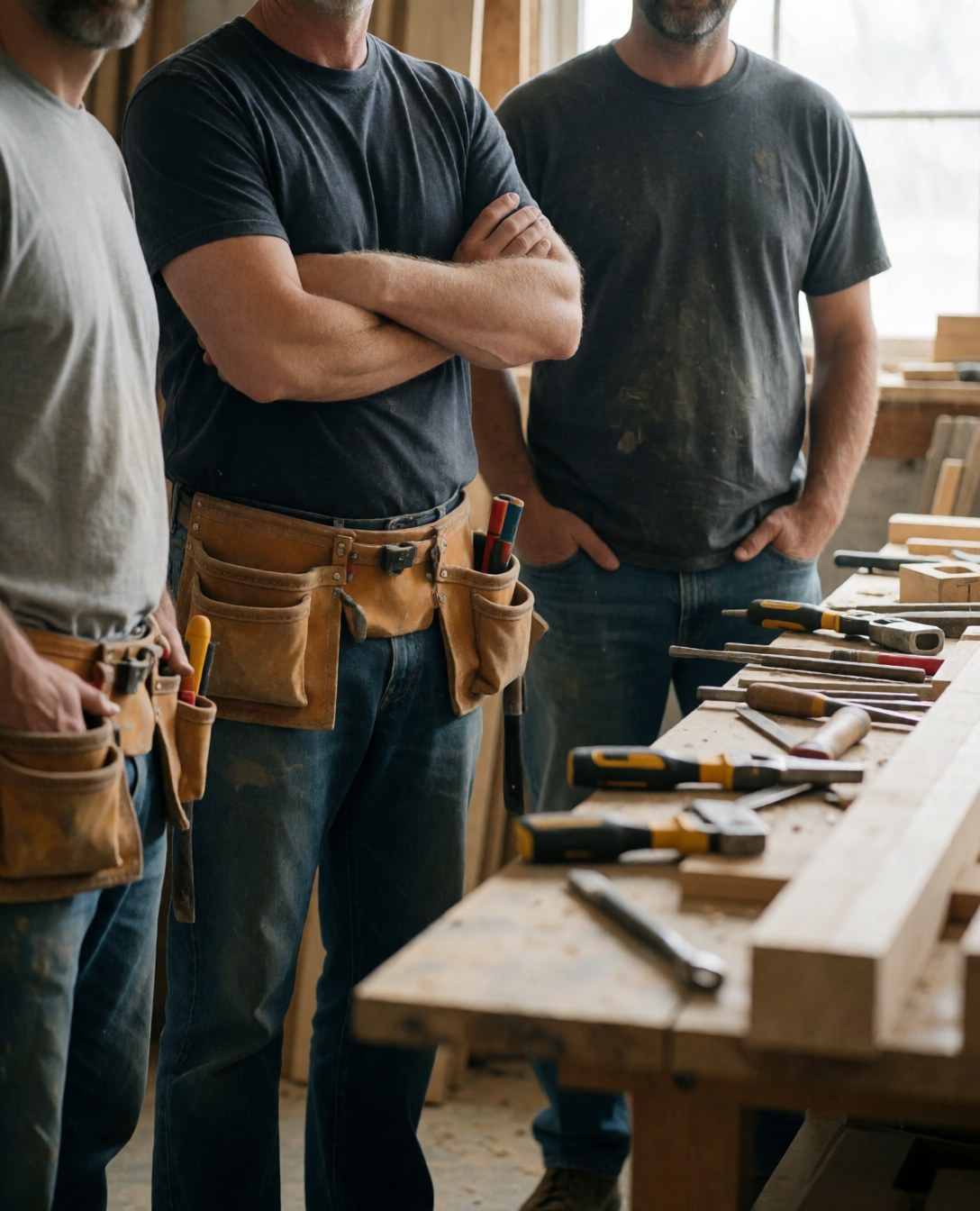 A group of professional carpenters collaborating on a woodworking project in a well-equipped workshop