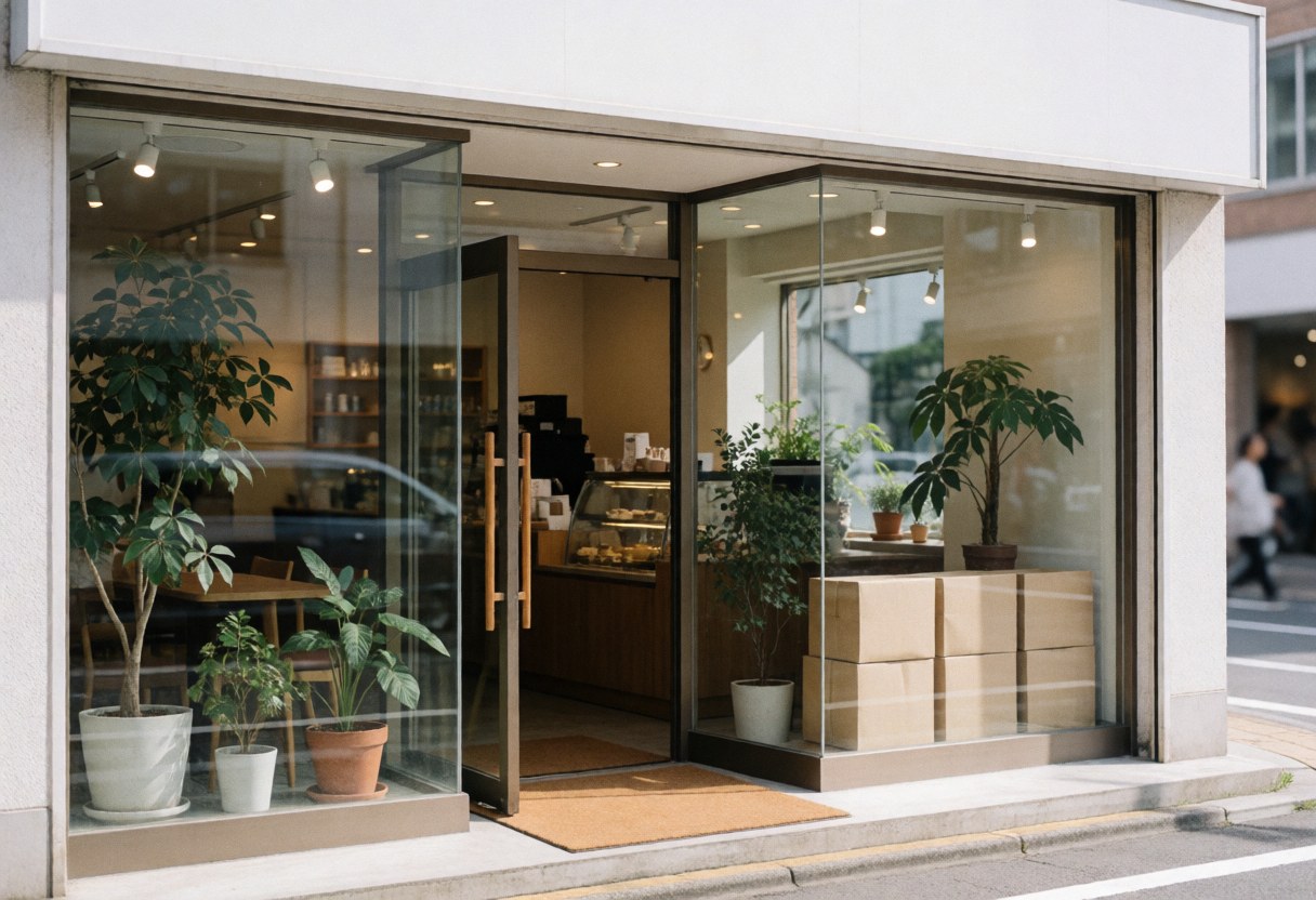 Coffee shop storefront with open glass door, potted plants, and warm interior lights visible on an urban street