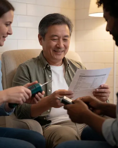 A smiling client reviews a report while two professionals advise in a warm home setting.