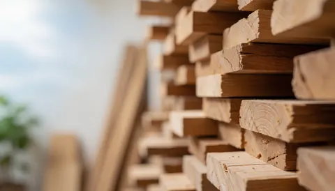 Stacks of lumber planks in a carpentry workshop with a warm, blurred background suitable for business text overlays