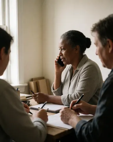 A professional woman speaks on a mobile phone while colleagues take notes at a wooden desk in a bright office setting.