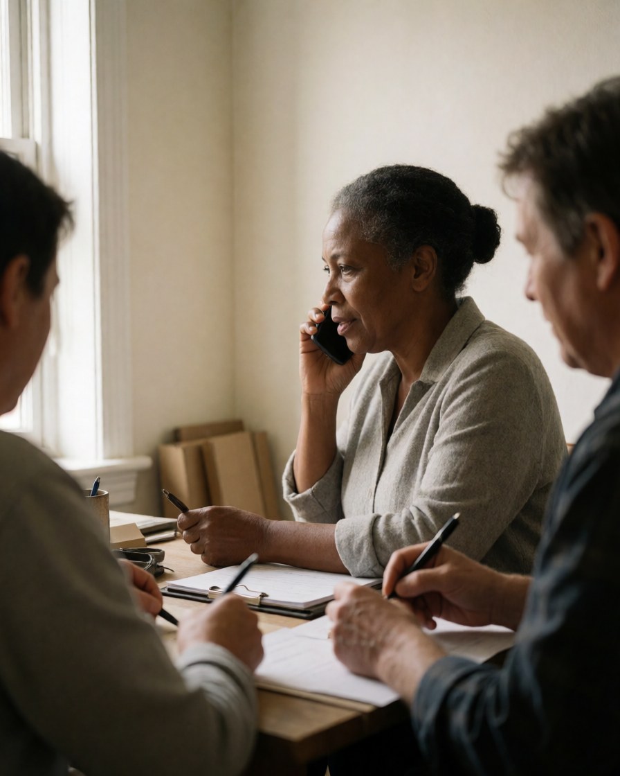 A professional woman speaks on a mobile phone while colleagues take notes at a wooden desk in a bright office setting.