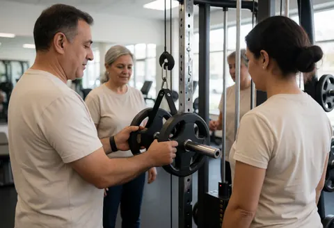 A professional trainer adjusts gym equipment, including weights and cable machines, ensuring safety and readiness for client use in a well-lit fitness center.