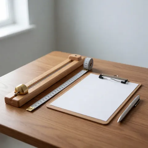 Professional postural evaluation kit with brass plumb line, ruler, notebook, and pencil on a wooden table with soft clinical background
