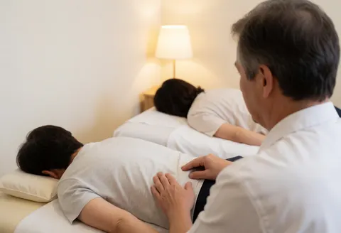 A professional therapist uses their hands to apply pressure and massage a client's lower back area during a therapeutic session.