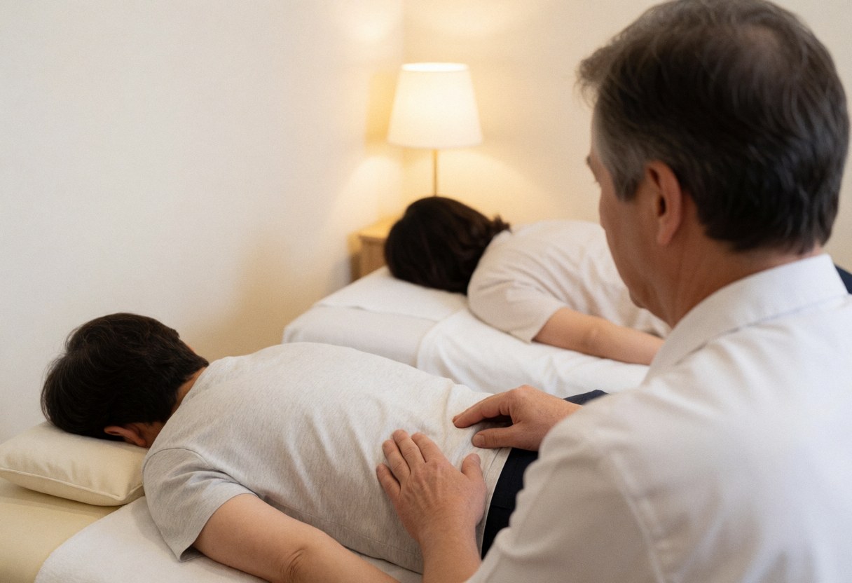 A professional therapist uses their hands to apply pressure and massage a client's lower back area during a therapeutic session.