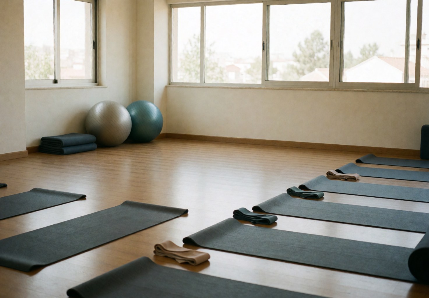 Clean massage therapy room featuring blankets, stability balls, and resistance bands on a wooden floor with natural light from windows.