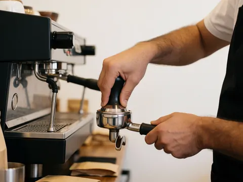 Close-up of a barista tamping coffee grounds in a portafilter with an espresso machine and warm lighting on a white background