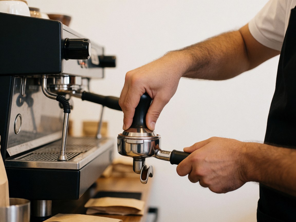 Close-up of a barista tamping coffee grounds in a portafilter with an espresso machine and warm lighting on a white background