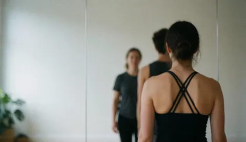 Clean minimalist yoga studio interior with mirrors, featuring blurred figures in the background, ideal for commercial text overlay.