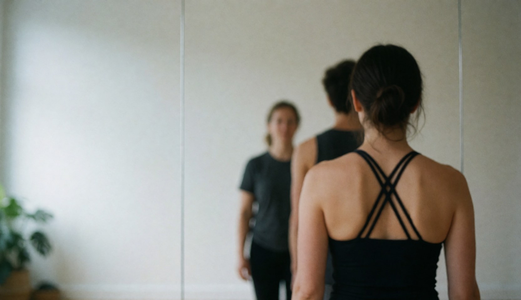 Clean minimalist yoga studio interior with mirrors, featuring blurred figures in the background, ideal for commercial text overlay.