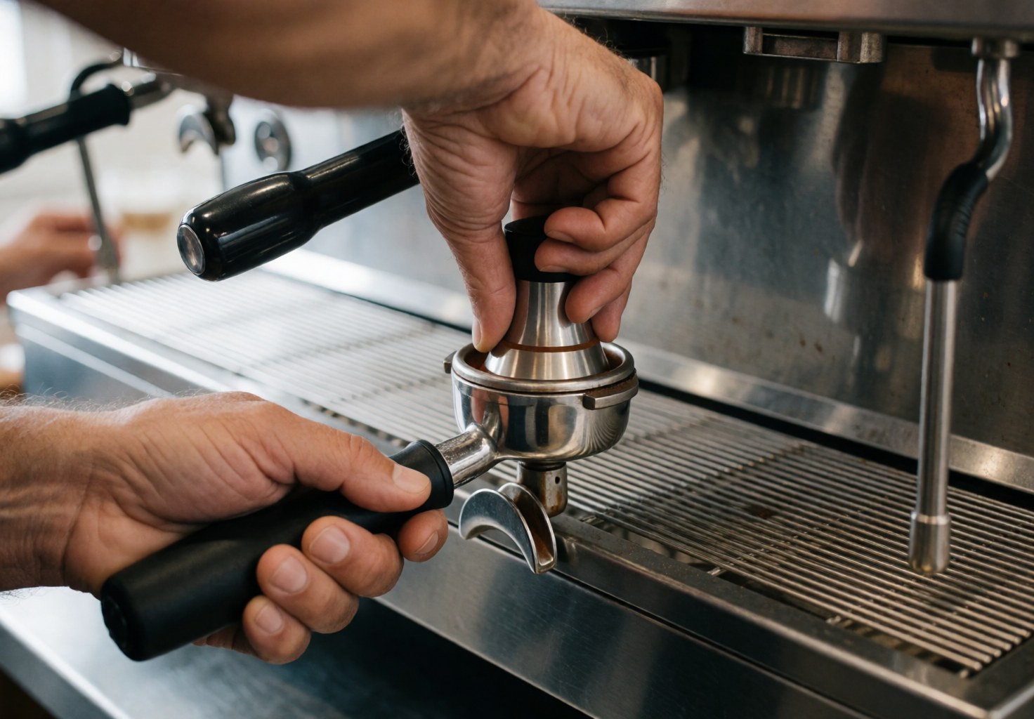 Close-up view of a barista's hands firmly tamping ground coffee into a metal espresso machine portafilter for professional coffee shop service