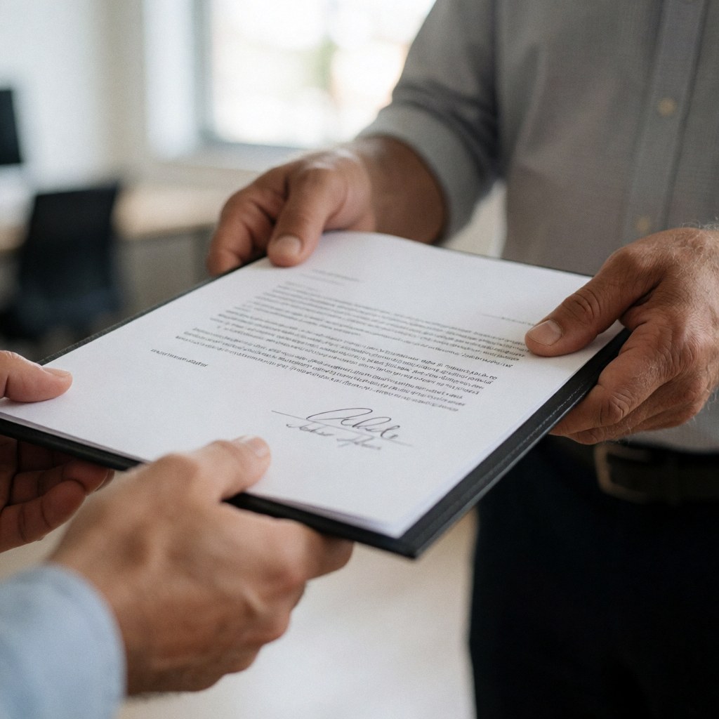 Close-up view of two professionals exchanging a signed business contract document in an office setting, symbolizing a successful sales agreement and partnership.