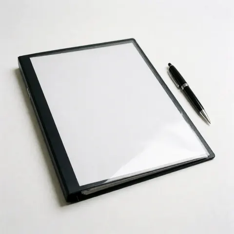 Black pen resting on a closed sales portfolio against a clean white background for business use