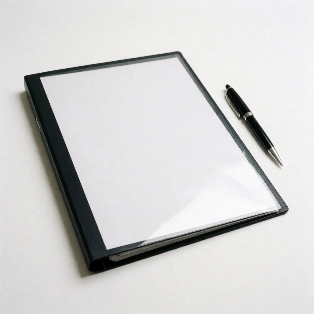 Black pen resting on a closed sales portfolio against a clean white background for business use