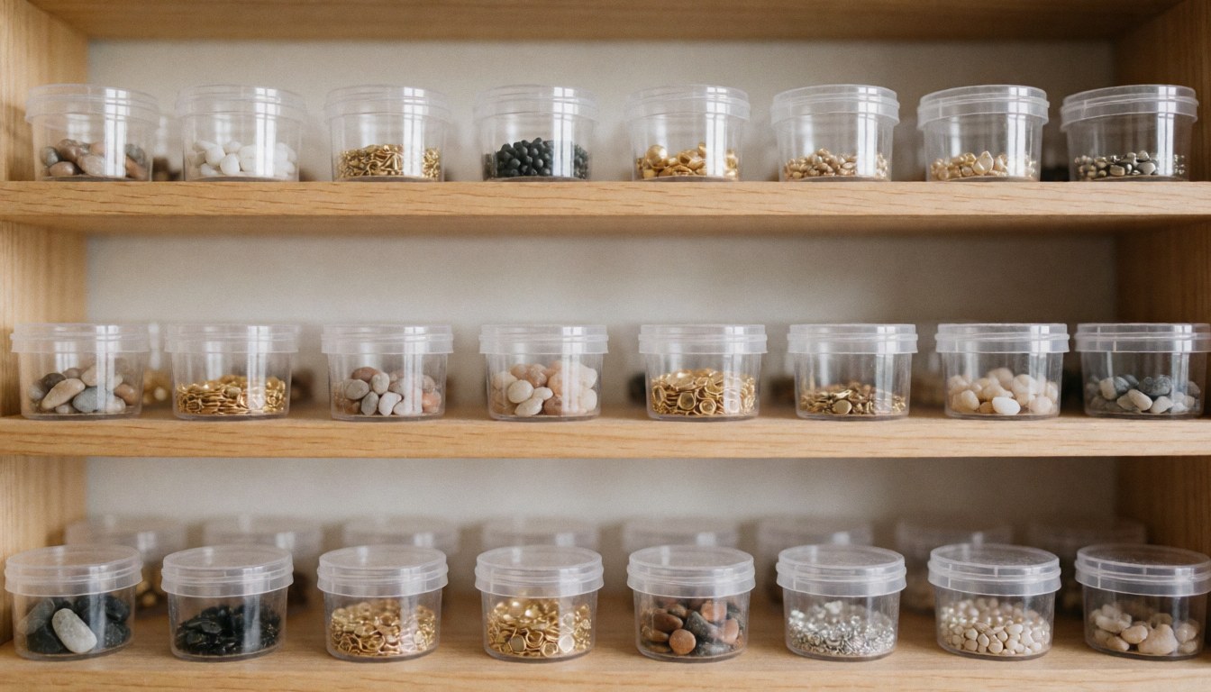 Wooden shelves holding clear containers filled with beads, stones, and metals for jewelry repair, providing a neutral background for text overlay.