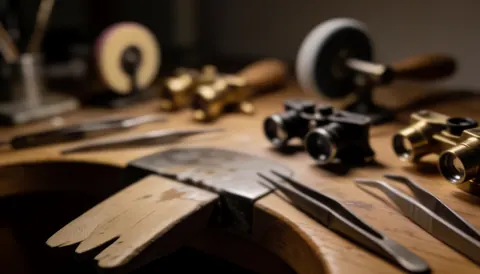 Warm-toned background of a professional jewelry repair workshop featuring tools like pliers, a loupe, and metal pieces on a wooden surface, ideal for text overlay.
