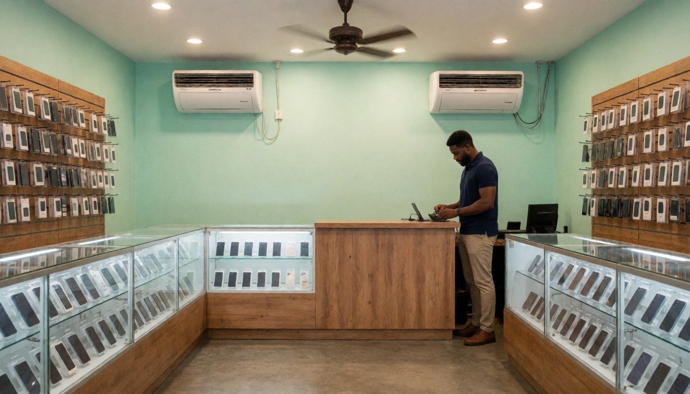 Interior view of a mobile phone shop with green walls, glass counters displaying devices, an air conditioner, and a salesperson working at the desk.