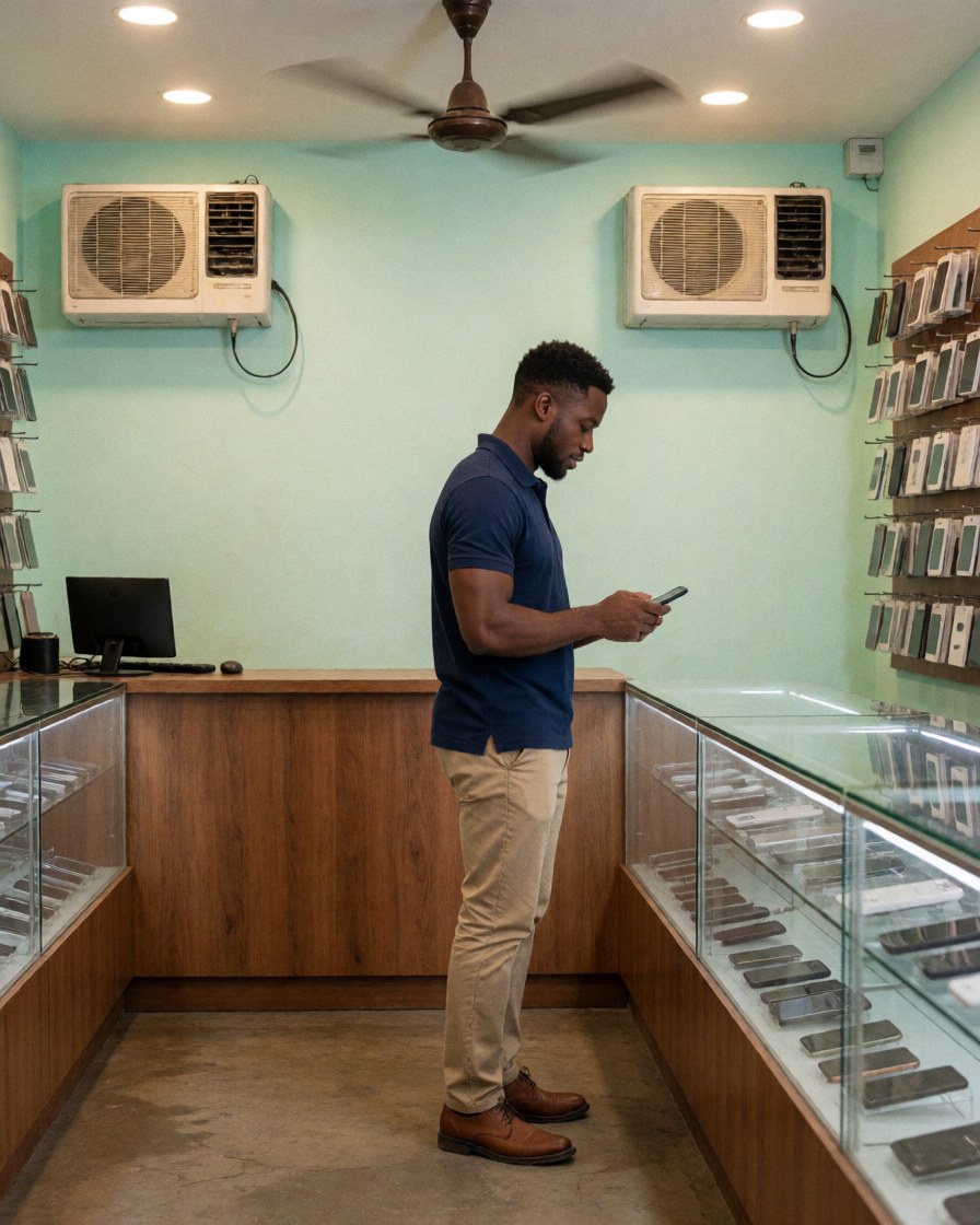 A technician works on a mobile phone repair inside a store with green walls, polished floors, warm lighting, display cases, and cooling equipment.