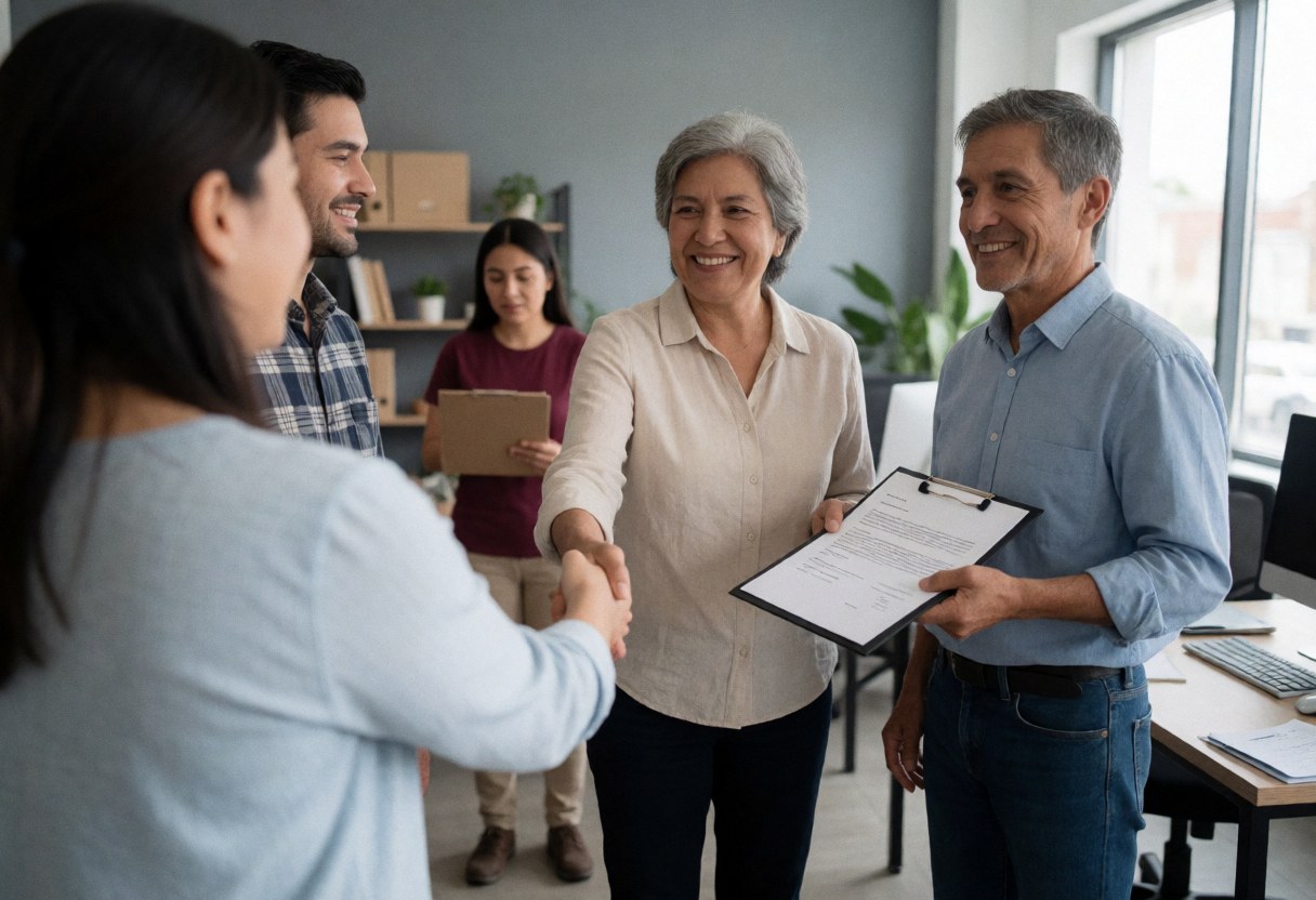 A smiling saleswoman and client shake hands while signing a contract in a bright modern office with colleagues in the background