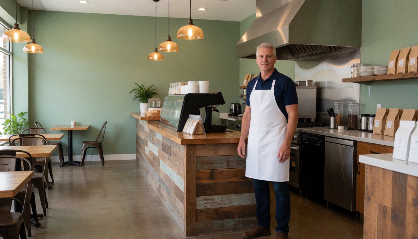 A barista stands behind a wooden counter in a modern coffee shop with green walls, hanging lights, and customer tables.