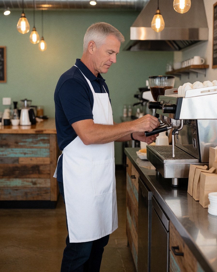 A barista in a white apron adjusts a professional coffee machine in a cafe with green walls and warm lighting.