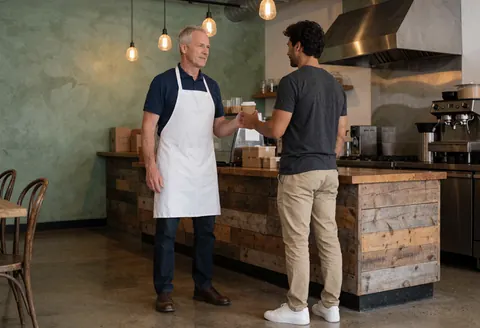 A friendly barista serves a cup of fresh coffee to a customer at a wooden counter in a modern coffee shop with hanging lights and a green wall.