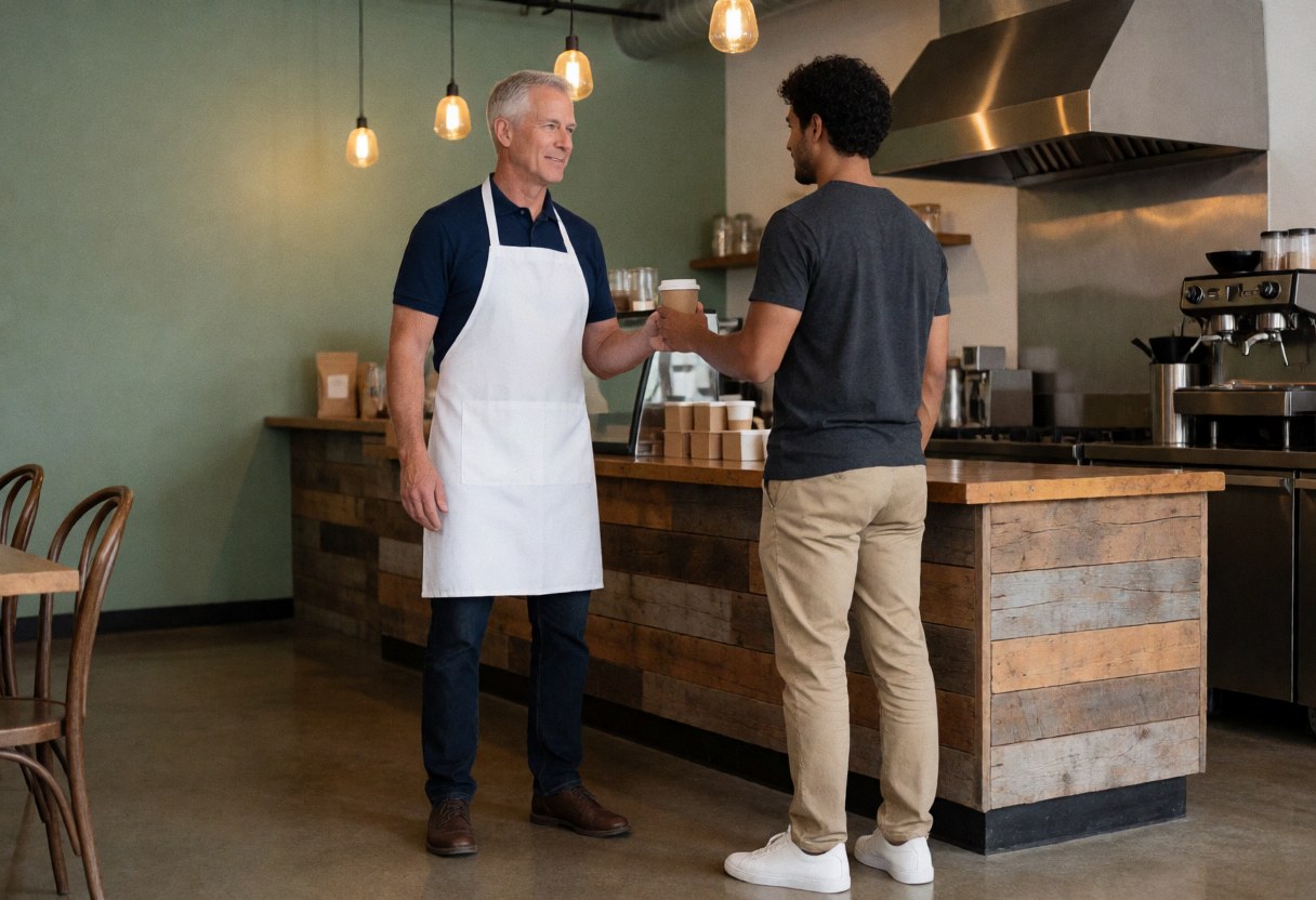 A friendly barista serves a cup of fresh coffee to a customer at a wooden counter in a modern coffee shop with hanging lights and a green wall.