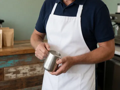 Detailed view of hands preparing specialty coffee in a rustic coffee shop setting with wooden surfaces and green walls