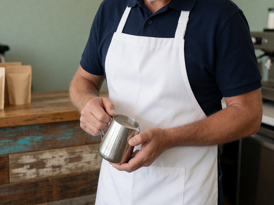 Detailed view of hands preparing specialty coffee in a rustic coffee shop setting with wooden surfaces and green walls