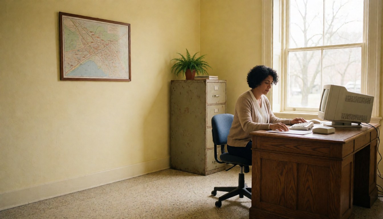 A professional female accountant sits at a wooden desk working on a computer in a bright office with natural light.