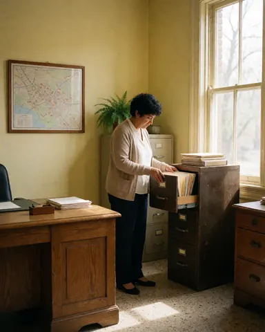 A woman in an office reviews documents in a filing cabinet near a window, with a yellow wall, map, and plant visible.