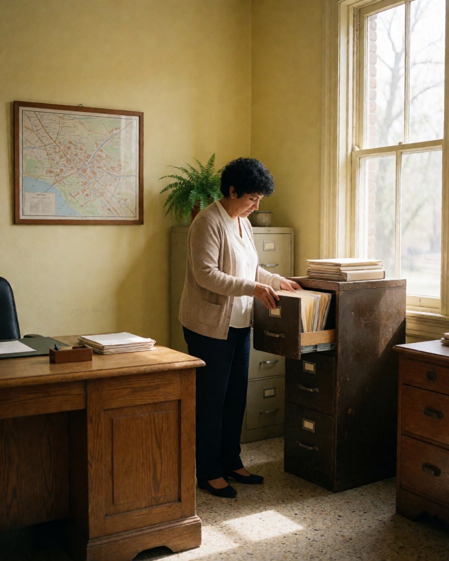 A woman in an office reviews documents in a filing cabinet near a window, with a yellow wall, map, and plant visible.