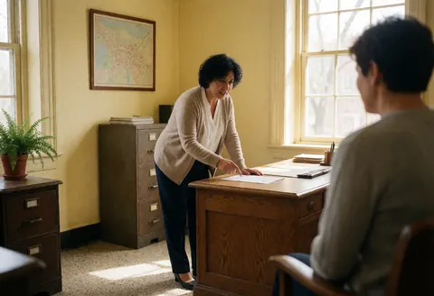 Professional accountant reviewing financial documents and maps with a client at a desk in an office setting