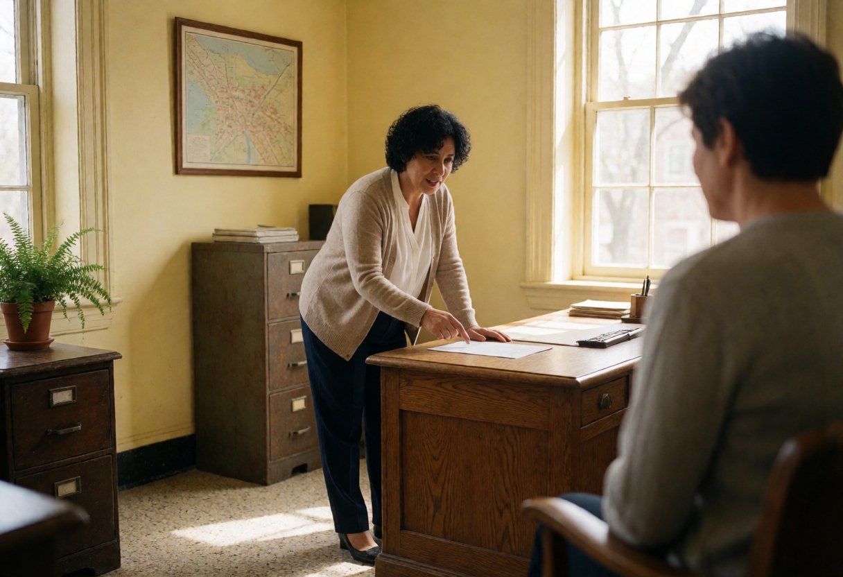 Professional accountant reviewing financial documents and maps with a client at a desk in an office setting