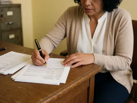 A close-up view of a woman's hand holding a fountain pen and signing paperwork on a wooden office desk with files nearby