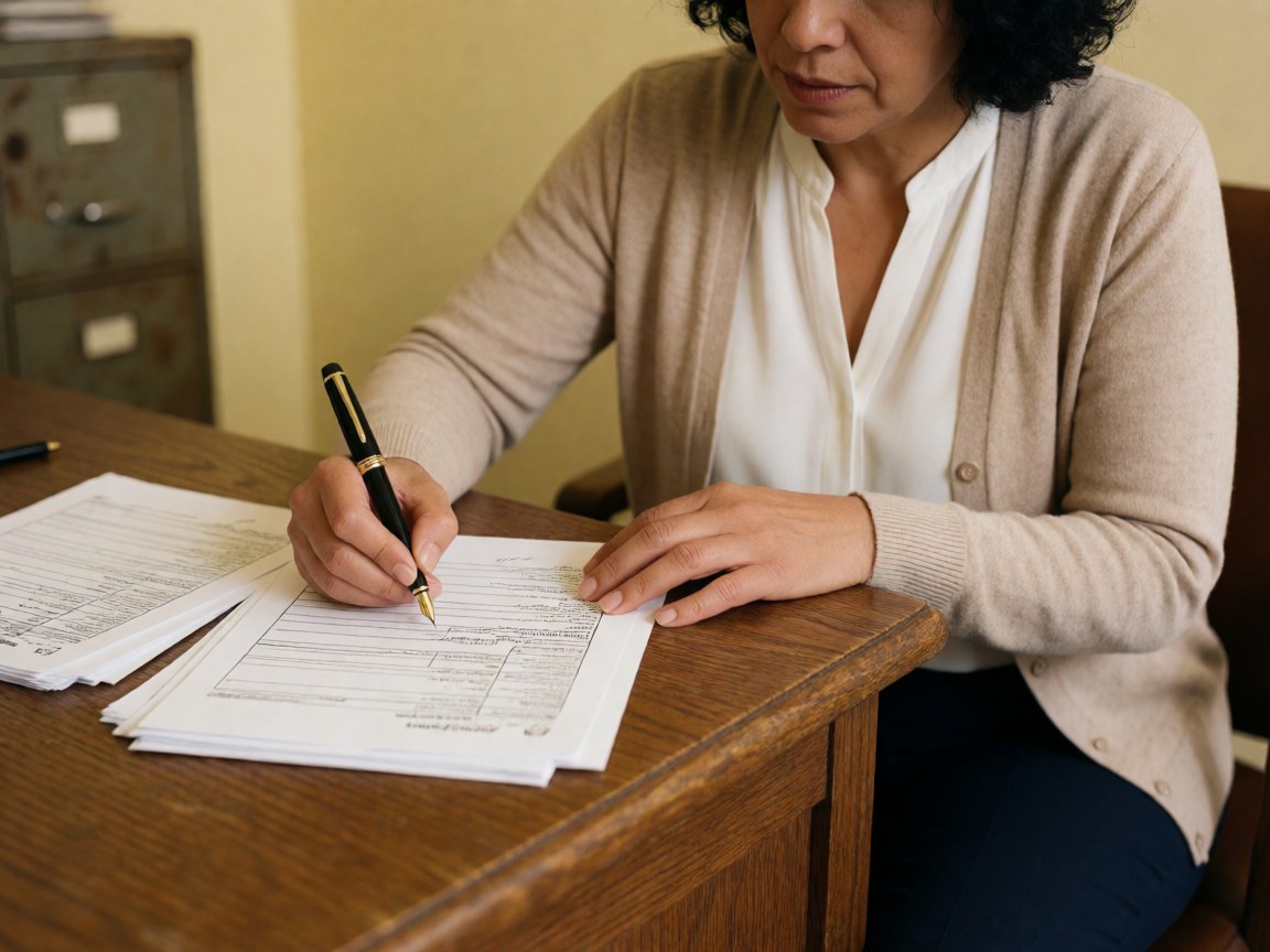A close-up view of a woman's hand holding a fountain pen and signing paperwork on a wooden office desk with files nearby